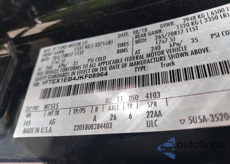 2018 Ford F-150 Xl z USA, uszkodzony, nr VIN 1FTEX1EB4JKF08964